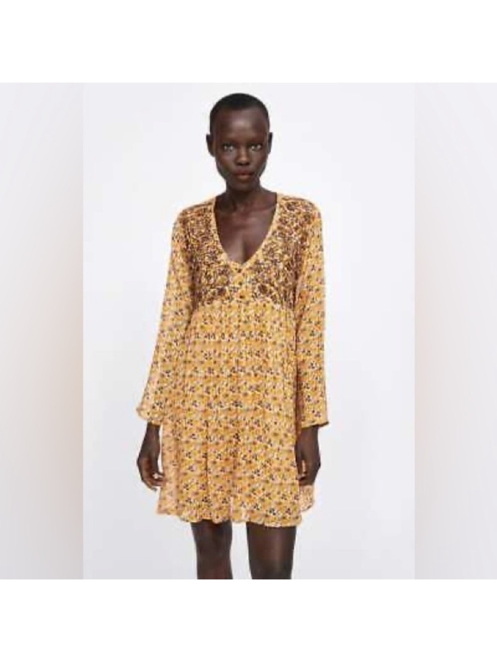 Zara Yellow Floral Long-Sleeve V-Neck Mini Dress XL